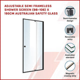 Adjustable Semi Frameless Shower Screen (98~106) x 195cm Australian Safety Glass - Side View