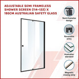 Adjustable Semi Frameless Shower Screen (114~122) x 195cm Australian Safety Glass - Side View