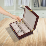 10 Grids Wooden Watch Case Glass Jewellery Storage Holder Box Wood Display - Front View