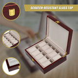 10 Grids Wooden Watch Case Glass Jewellery Storage Holder Box Wood Display - Close-Up Angle