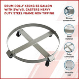 Drum Dolly 450kg 55 Gallon w Swivel Casters Heavy Duty Steel Frame Non Tipping - Side View