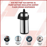 Air Pot for Tea Coffee 5L Pump Action Insulated Airpot Flask Drink Dispenser - Side View