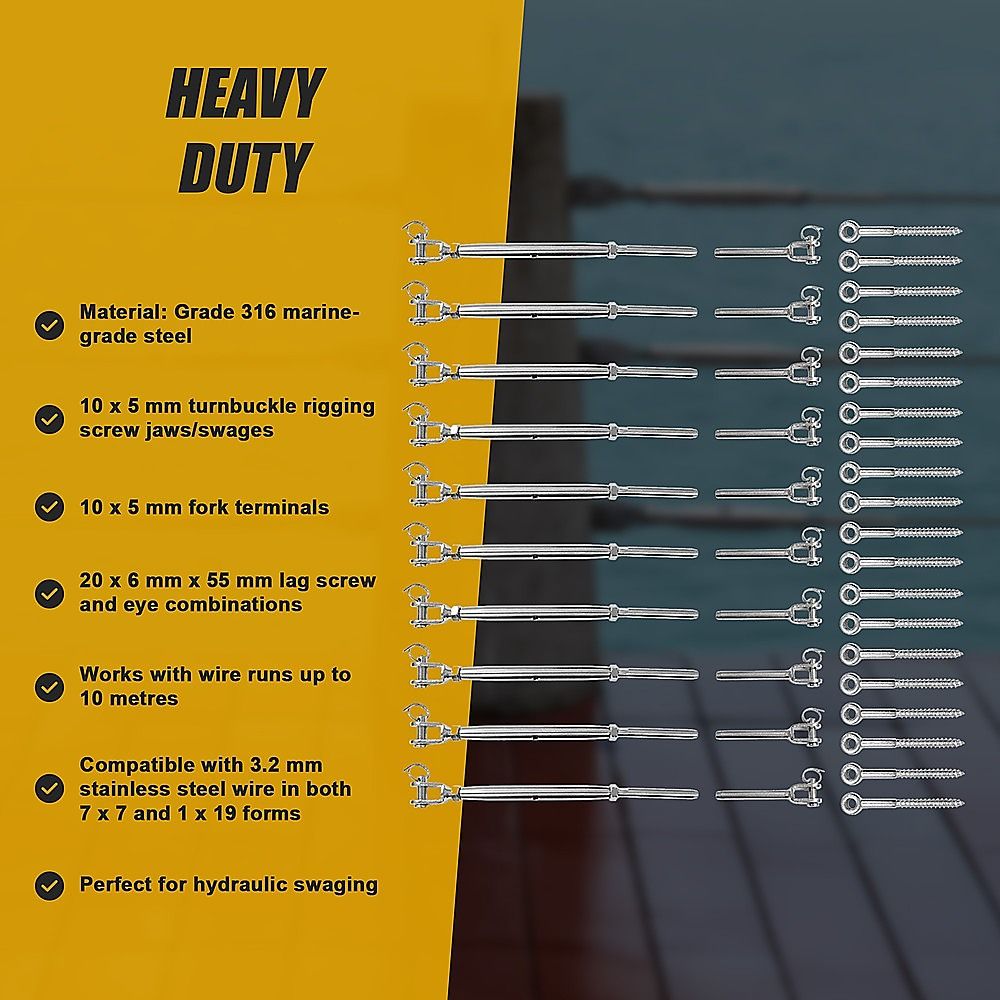 Stainless Steel Wire Rope DIY Balustrade Kit Jaw/Swage Fork Turnbuckle - 10 pack