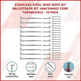 Stainless Steel Wire Rope DIY Balustrade Kit Jaw/Swage Fork Turnbuckle - 10 pack - Front View