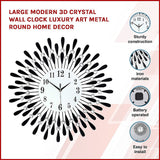 Large Modern 3D Crystal Wall Clock Luxury Art Metal Round Home Decor - Side View