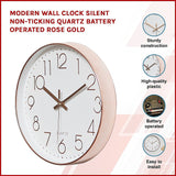 Modern Rose Gold Wall Clock – Silent Non-Ticking Quartz Battery Operated Design - Side View