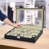 Watch Box - 24 Slot Luxury Display Case With Framed Glass Lid - Front View