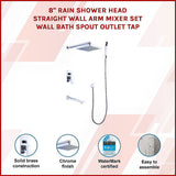 8 Rain Shower Head Straight Wall Arm Mixer Set Wall Bath Spout Outlet Tap