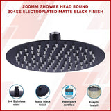 200mm Shower Head Round 304SS Electroplated Matte Black Finish - Side View