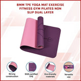 8mm TPE Yoga Mat Exercise Fitness Gym Pilates Non Slip Dual Layer - Front View