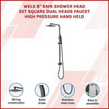 WELS 8 Rain Shower Head Set Square Dual Heads Faucet High Pressure Hand Held - Side View
