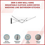 26m 5 Arm Wall Hang Mountable Clothes Airer Dryer Washing Line Bathroom Kitchen, image 3