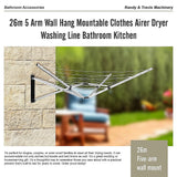 26m 5 Arm Wall Hang Mountable Clothes Airer Dryer Washing Line Bathroom Kitchen - Low Angle
