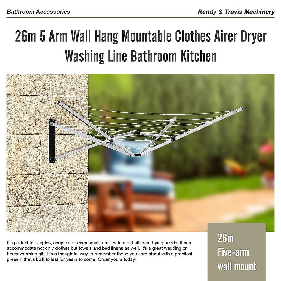 26m 5 Arm Wall Hang Mountable Clothes Airer Dryer Washing Line Bathroom Kitchen, image 8