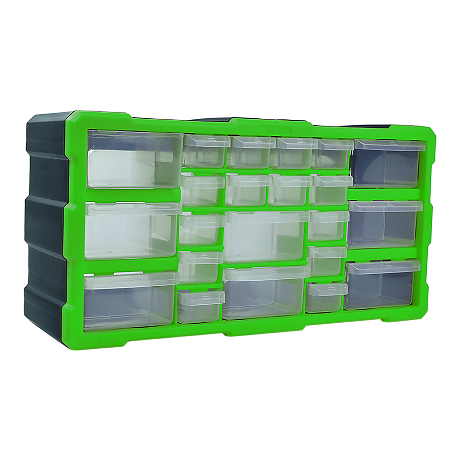 22 drawer parts storage cabinet organiser, black and green plastic