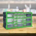 22 drawer parts storage cabinet organiser, black and green plastic, transparent drawers