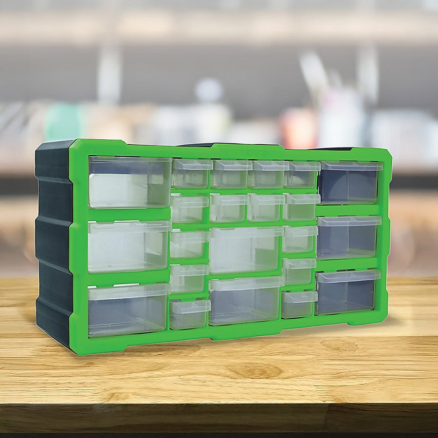 22 drawer parts storage cabinet organiser, black and green plastic, transparent drawers
