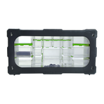 22 drawer parts storage cabinet organiser, black and green plastic, interior organiser tray