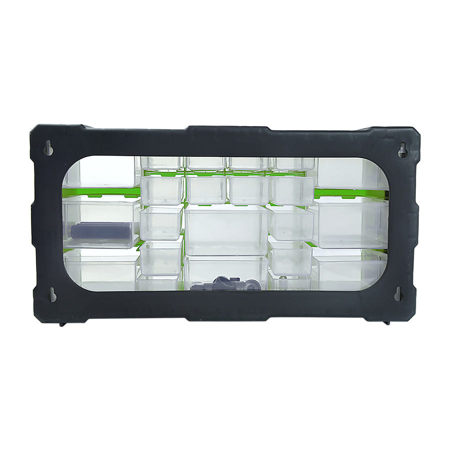 22 drawer parts storage cabinet organiser, black and green plastic, interior organiser tray