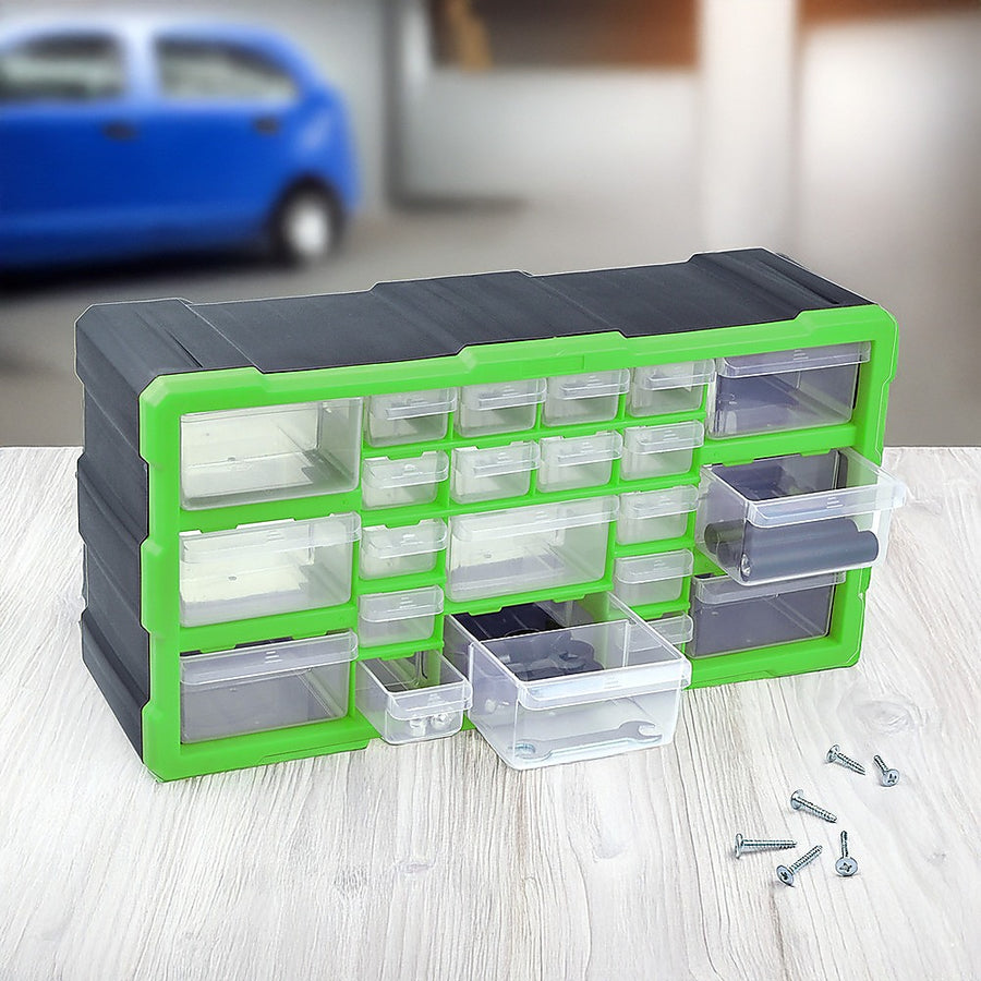 22 drawer parts storage cabinet organiser, black and green plastic, removable spacers