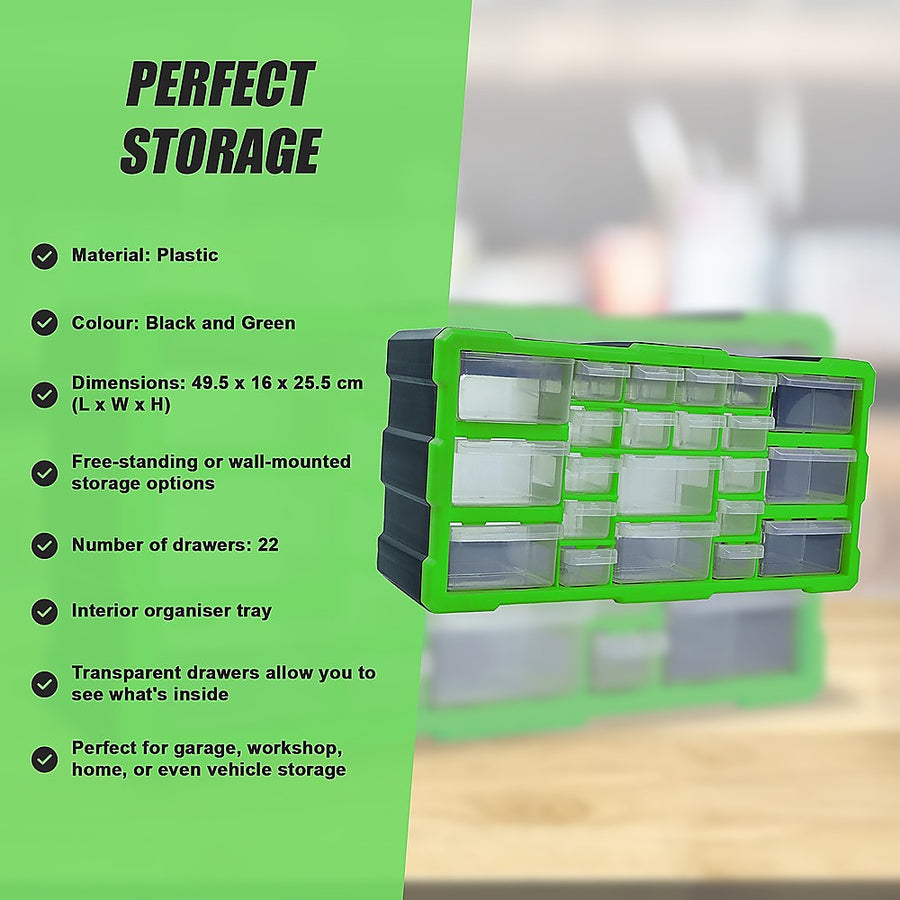 22 drawer parts storage cabinet organiser, black and green plastic, image 10
