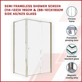 Semi Frameless Shower Screen (114~122)x 195cm & (98~101)x195cm Side AS/NZS Glass - Side View