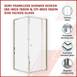 Semi Frameless Shower Screen (82~90)x 195cm & (77~80)x 195cm Side AS/NZS Glass - Side View