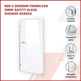 900 x 2000mm Frameless 10mm Safety Glass Shower Screen - Side View