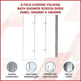 3 Fold Chrome Folding Bath Shower Screen Door Panel 1300mm x 1400mm - Side View