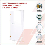 900 x 2000mm Frameless 10mm Safety Glass Shower Screen - Side View