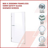 800 x 2000mm Frameless 10mm Safety Glass Shower Screen - Side View
