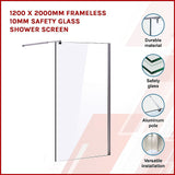 1200 x 2000mm Frameless 10mm Safety Glass Shower Screen - Side View