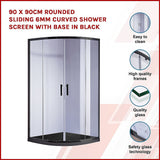 90 x 90cm Rounded Sliding 6mm Curved Shower Screen with Base in Black