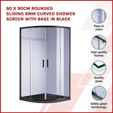90 x 90cm Rounded Sliding 6mm Curved Shower Screen with Base in Black - Side View