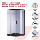 100 x 100cm Rounded Sliding 6mm Curved Shower Screen with Base in Black - Side View