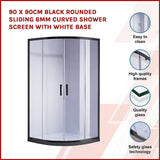 90 x 90cm Black Rounded Sliding 6mm Curved Shower Screen with White Base - Side View