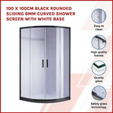 100 x 100cm Black Rounded Sliding 6mm Curved Shower Screen with White Base - Side View