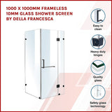 1000 x 1000mm Frameless 10mm Glass Shower Screen By Della Francesca - Side View