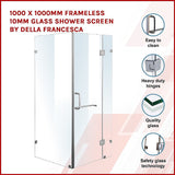 1000 x 1000mm Frameless 10mm Glass Shower Screen By Della Francesca - Side View