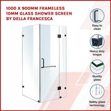 1000 x 900mm Frameless 10mm Glass Shower Screen By Della Francesca - Side View