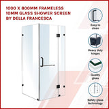 1000 x 800mm Frameless 10mm Glass Shower Screen By Della Francesca - Side View
