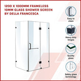 1200 x 1000mm Frameless 10mm Glass Shower Screen By Della Francesca - Side View