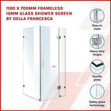 1100 x 700mm Frameless 10mm Glass Shower Screen By Della Francesca - Front View
