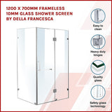 1200 x 700mm Frameless 10mm Glass Shower Screen By Della Francesca - Side View