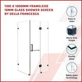 1100 x 1000mm Frameless 10mm Glass Shower Screen By Della Francesca - Side View