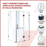 1200 x 1000mm Frameless 10mm Glass Shower Screen By Della Francesca - Side View
