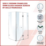 1200 x 1000mm Frameless 10mm Glass Shower Screen By Della Francesca - Side View