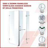 1000 x 700mm Frameless 10mm Glass Shower Screen By Della Francesca - Side View