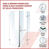 1000 x 800mm Frameless 10mm Glass Shower Screen By Della Francesca - Side View