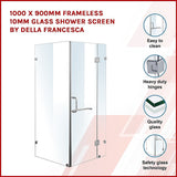 1000 x 900mm Frameless 10mm Glass Shower Screen By Della Francesca - Side View